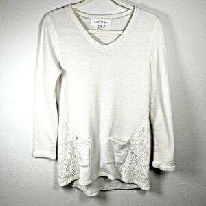 French Laundry Cream Lace-Trim Pocket V-Neck Tunic Pullover Cotton Blend Med EUC